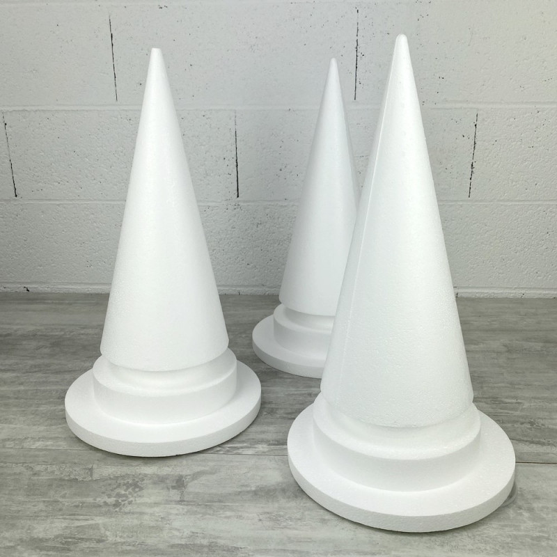 Lot de 3 Cônes en polystyrène à pied, h. 49 cm avec supports, base 27,5 cm, à décorer