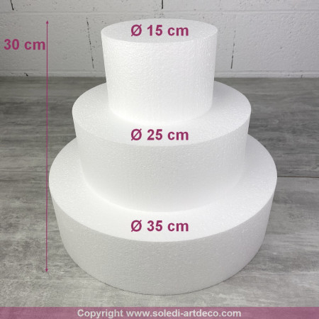 Polystyrene Disk Shape Dummy Cake Height 30 cm, Base Ø 35cm to 15cm, 3 discs of 10cm high