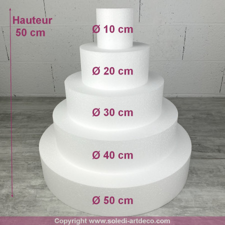 Pièce montée en Polystyrène, Base diam. 50 cm, 5 étages, Haut. totale 50 cm, Wedding Cake haute densité