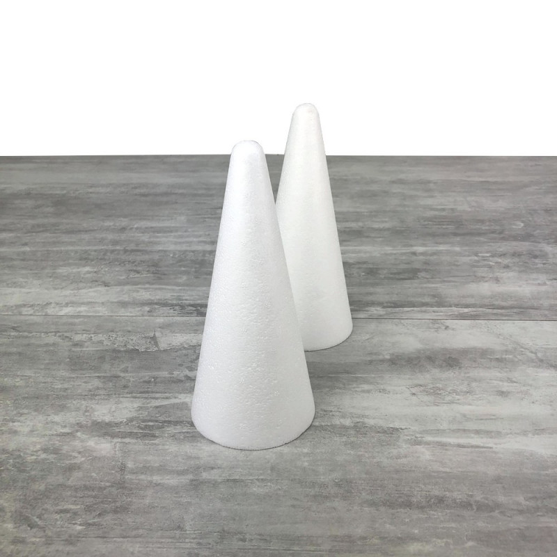 Lot de 2 cônes en polystyrène de 20 cm de haut, Styropor blanc, Diamètre de la base 9 cm