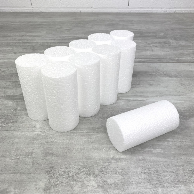 Lot de 10 petits cylindres en polystyrène, haut. 10 cm, diam. 5 cm, Dummies en Styropor blanc, à décorer