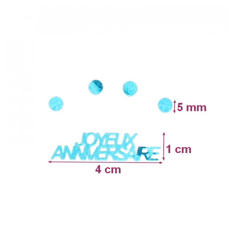 Paillettes Joyeux Anniversaire Bleu Turquoise à éparpiller, Long. 5mm et 4cm, Sachet Confettis de 18g