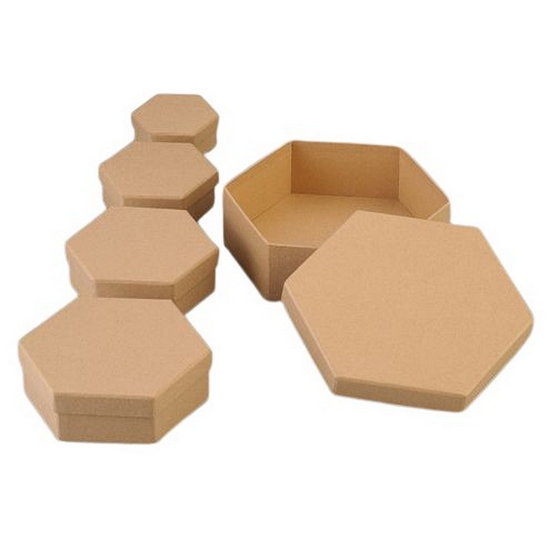 Set de 5  boites hexagonales gigognes en carton, 6,5 cm, 8,5cm, 10,5cm, 12,5cm et 16,5cm