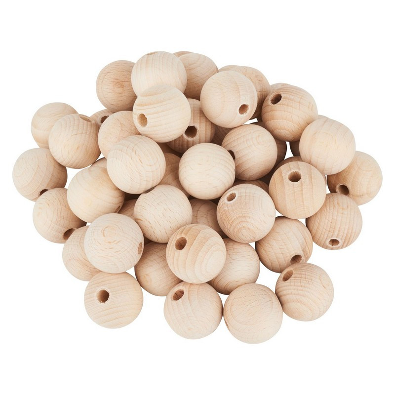 Lot de 50 Boules percées en bois de hêtre, diamètre 25 mm, perçage 6 mm
