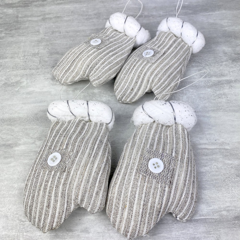 Lot de 4 Moufles décoratives en tissu, 13 x 8 cm, Gant rayé beige, déco sapin de Noël à suspendre