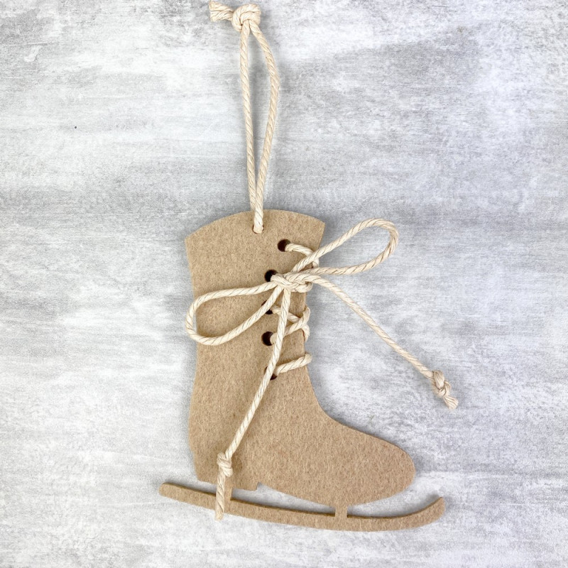 Patin à glace en feutrine brun, avec lacet coton beige, 9,5 cm, déco sapin de noël