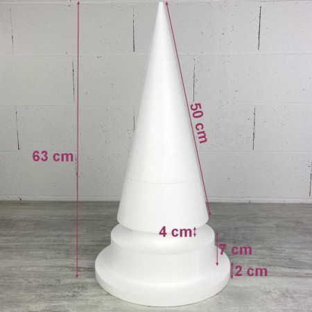 Cône en polystyrène à pied, h. 63 cm avec supports, base 30 cm, à décorer