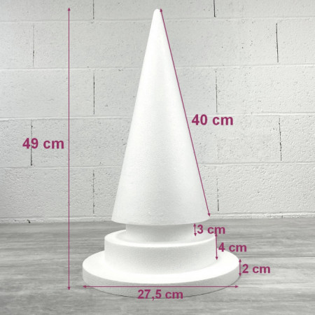 Lot de 3 Cônes en polystyrène à pied, h. 63, 49 et 37 cm, avec supports, à décorer