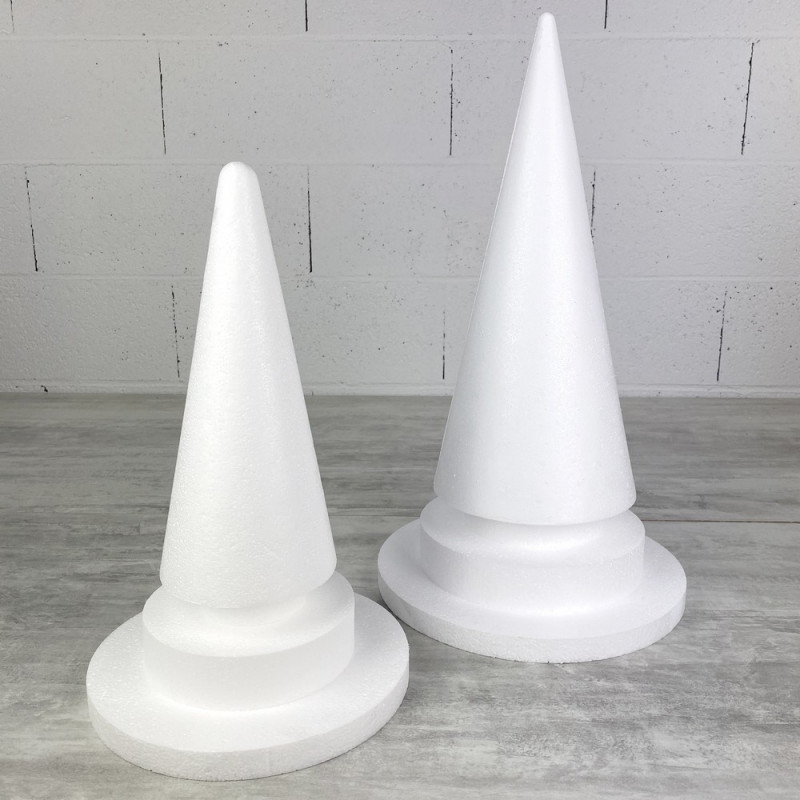 Lot de 2 Cônes en polystyrène à pied, h. 49 et 37 cm, avec supports, à décorer