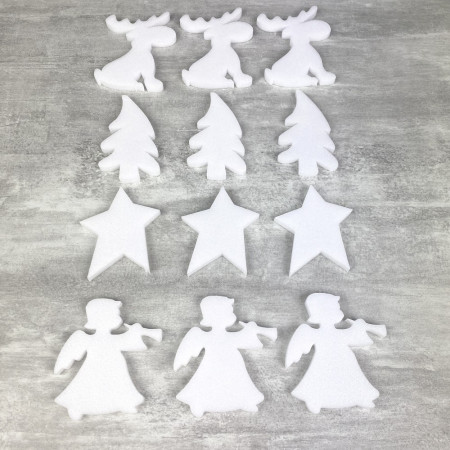 Set mit 12 Weihnachtsmotiven, aus Styropor, Höhe. 6 cm bis 7,5 cm, Winterdekoration, zum Anpassen