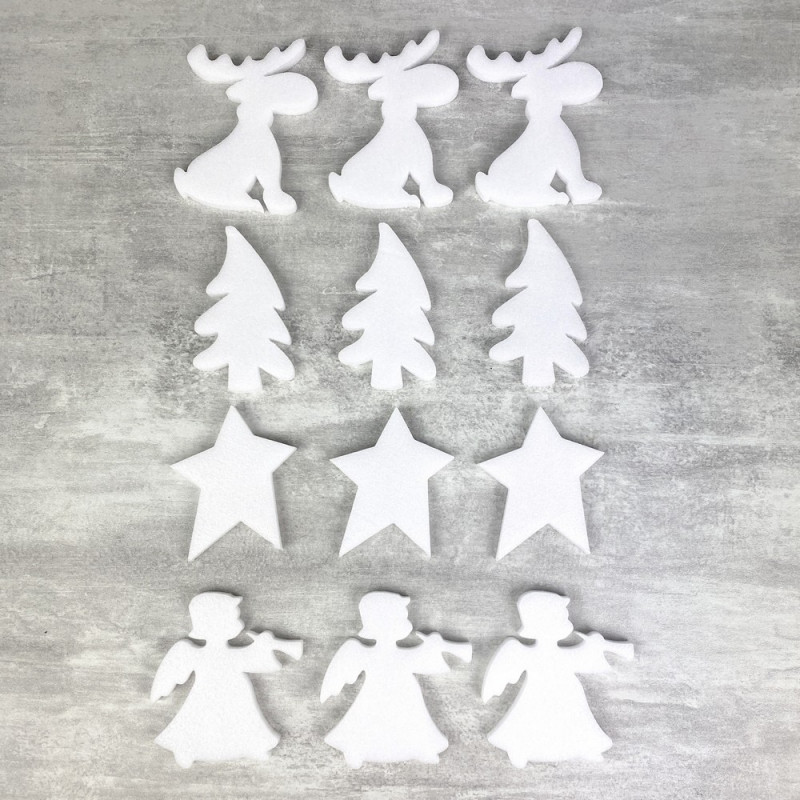Set mit 12 Weihnachtsmotiven, aus Styropor, Höhe. 6 cm bis 7,5 cm, Winterdekoration, zum Anpassen