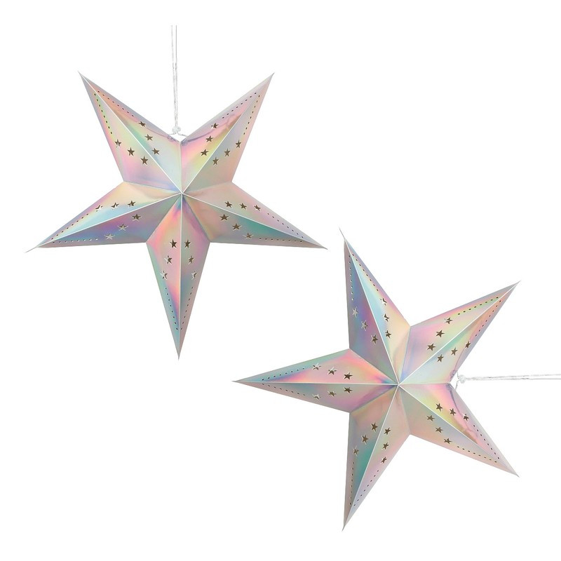 Lot de 2 grandes Lanternes étoile irisées, dim. 60 cm, suspension en carton