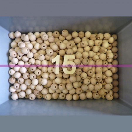 Lot de 5 boules percées en bois de hêtre, diamètre 15 mm, perçage 4 mm