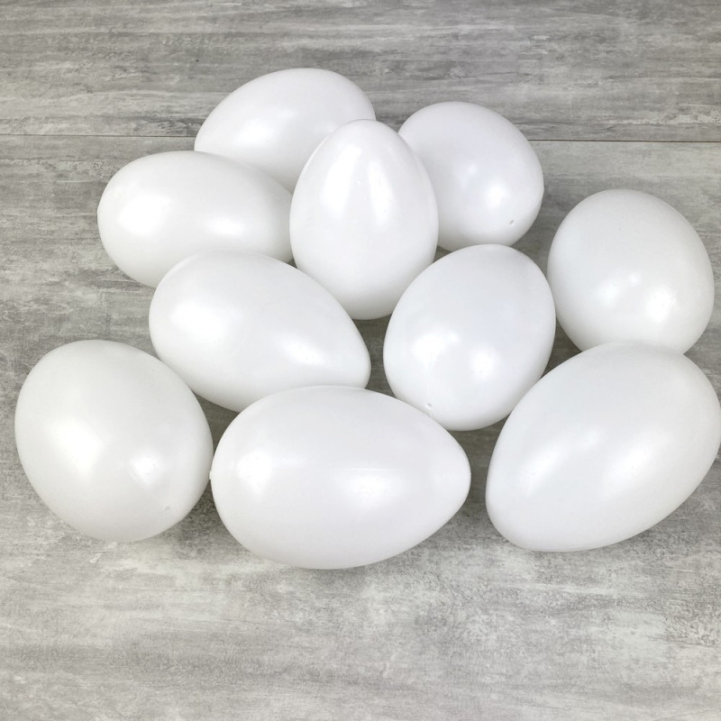 Lot de 10 grands Oeufs en plastique blanc, haut. 14 cm, avec trou de suspension, non séparables, à décorer
