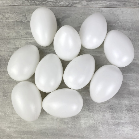 Lot de 10 grands Oeufs en plastique blanc, haut. 12 cm, avec trou de suspension, non séparables, à décorer