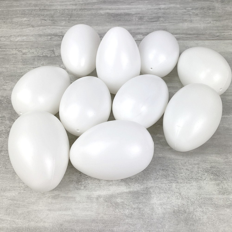 Lot de 10 grands Oeufs en plastique blanc, haut. 12 cm, avec trou de suspension, non séparables, à décorer