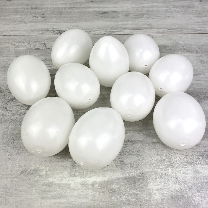 Lot de 10 Oeufs en plastique blanc, haut. 10 cm, avec trou de suspension, non séparables, à décorer