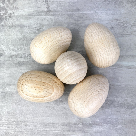 Lot de 5 Oeufs demi-percés en bois de hêtre, hauteur 60 mm, diamètre 40 mm