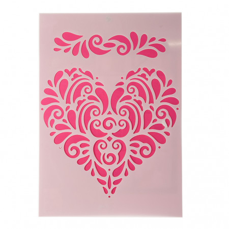 Pochoir Planche plastique 15x21cm, Grand Coeur arabesque 14x14 cm et frise, pour Scrap