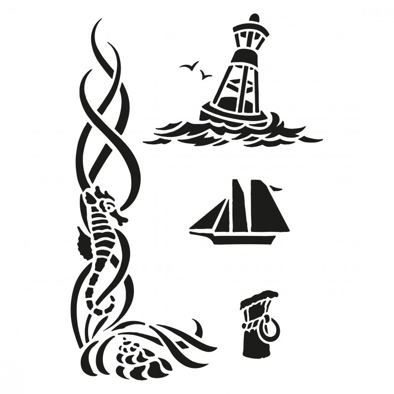 Pochoir 4 motifs thème maritime, plastique blanc, format A5