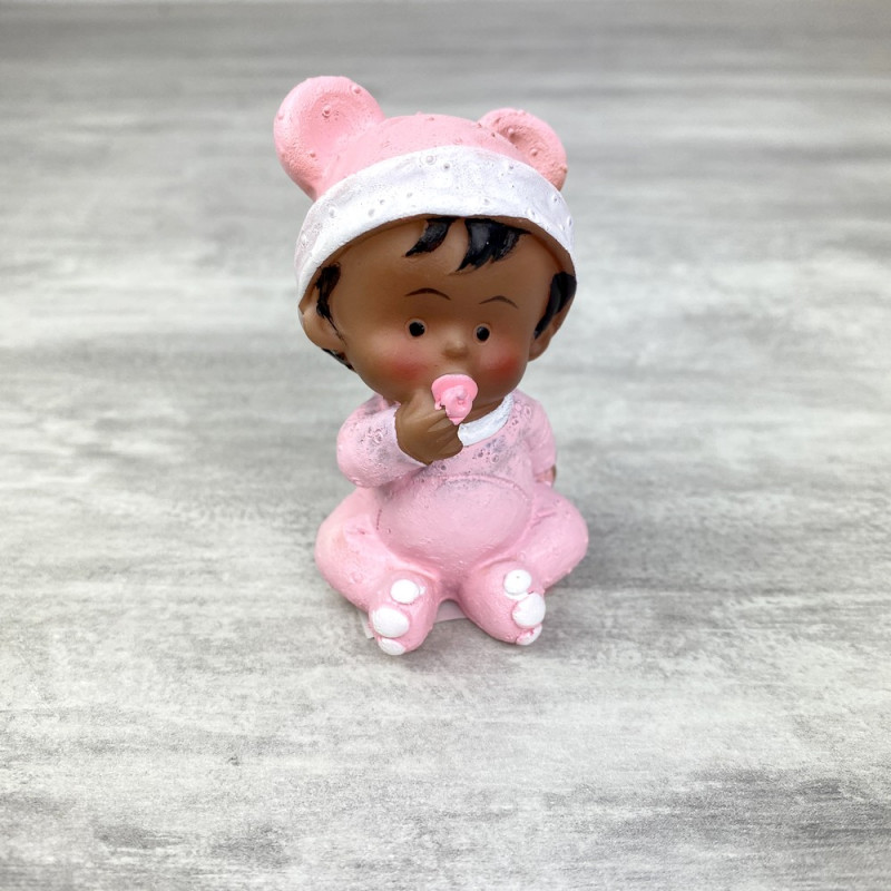 Bébé Fillette noire en pyjama avec Tétine rose, 7,4 x 4cm, petite figurine de couleur en résine baptême ou babyshower