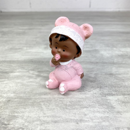Bébé Fillette noire en pyjama avec Tétine rose, 7,4 x 4cm, petite figurine de couleur en résine baptême ou babyshower