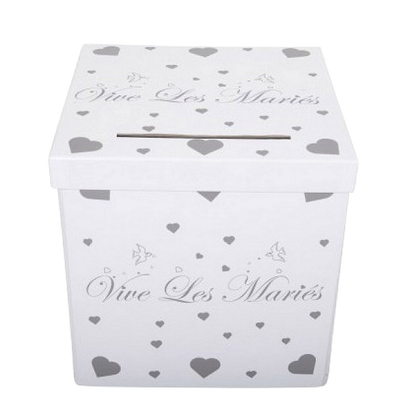 Foldable urn in white cardboard, Vive les mariés, 20x20 cm, chic and sober piggy bank, wedding