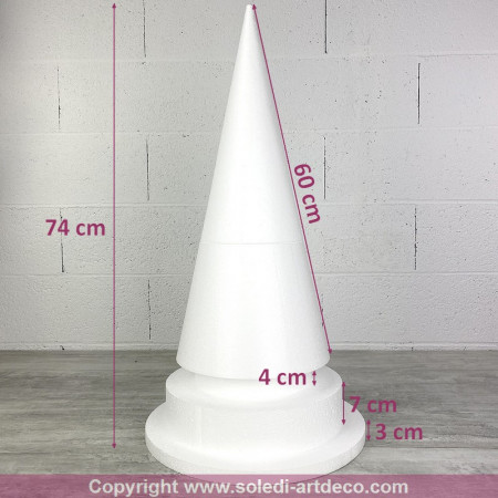 Cône en polystyrène à pied, h. 74 cm avec supports, base 37,5 cm, à décorer