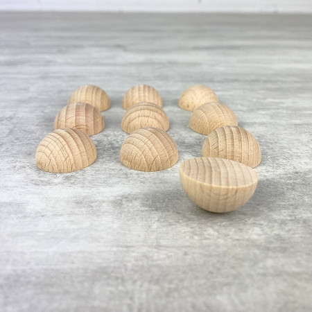 Petit lot de 10 Demi-boules en bois brut de hêtre, Diam 25 mm, poncé et poli, non traité