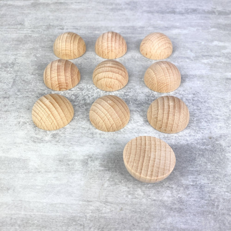Petit lot de 10 Demi-boules en bois brut de hêtre, Diam 25 mm, poncé et poli, non traité