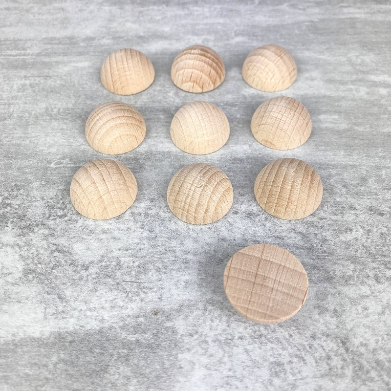 Petit lot de 10 Demi-boules en bois brut de hêtre, Diam 20 mm, poncé et poli, non traité