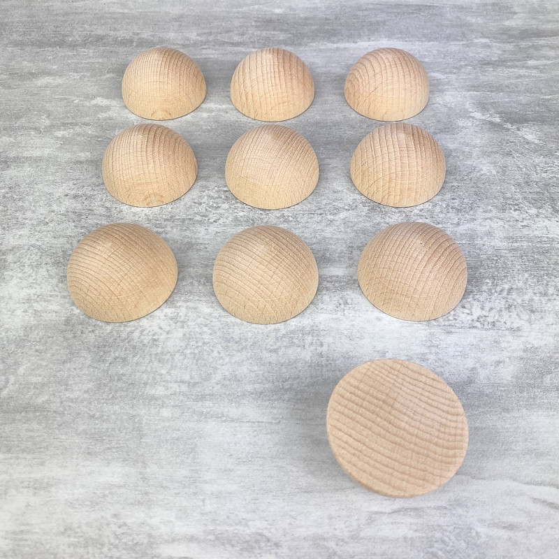 Petit lot de 10 Demi-boules en bois brut de hêtre, Diam 40 mm, poncé et poli, non traité