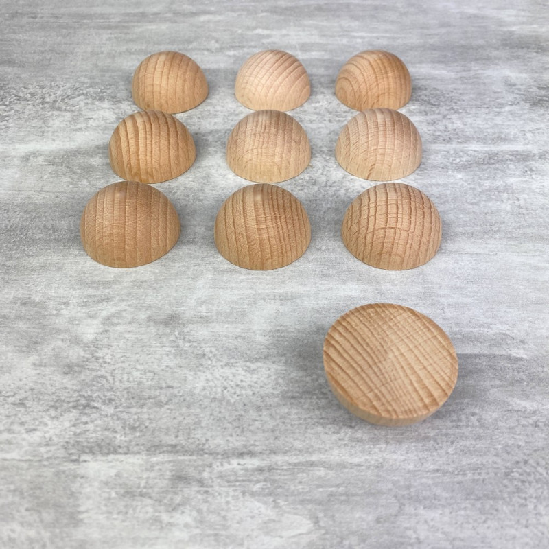 Petit lot de 10 Demi-boules en bois brut de hêtre, Diam 35 mm, poncé et poli, non traité