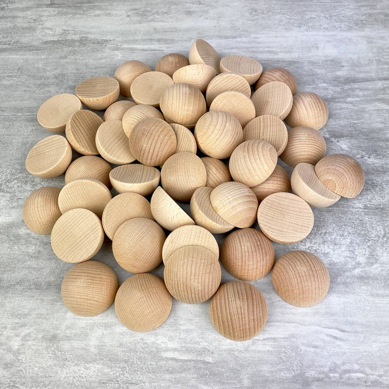 Lot de 50 Demi-boules en bois brut de hêtre, Diam 35 mm, poncé et poli, non traité