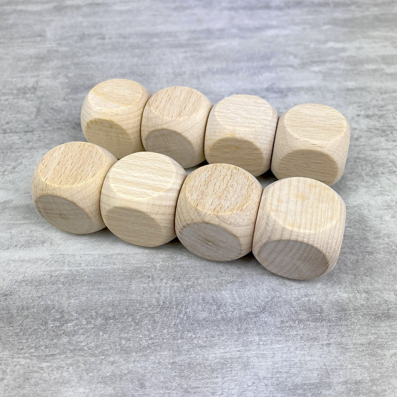 Lot de 8 Cubes en bois de hêtre, 2,5 cm, non traité, blanchi, dés de 25 mm à customiser