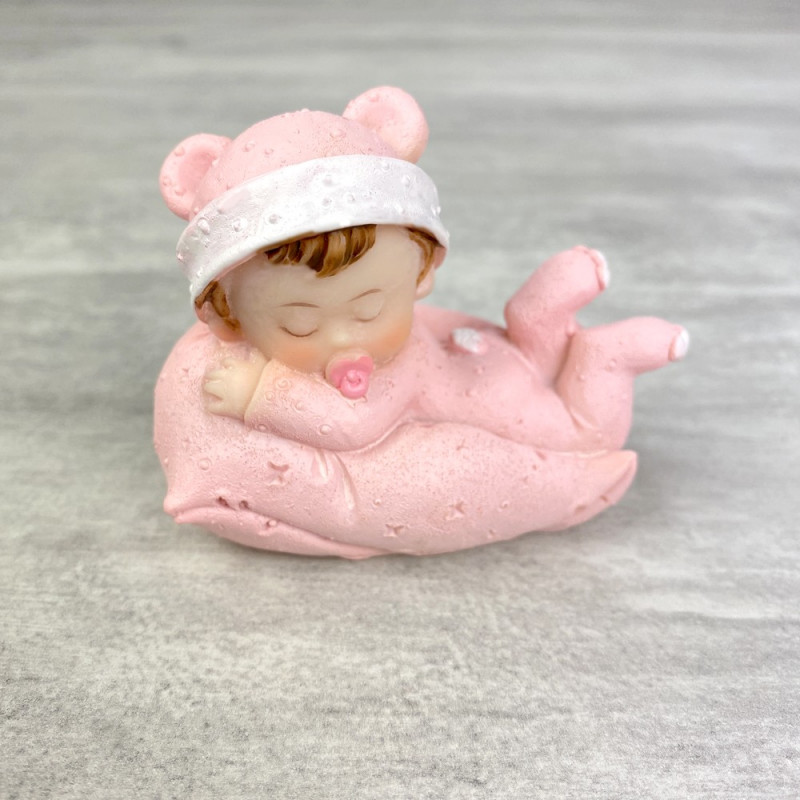 Bébé Fille sur Coussin rose, dim. 7,6 x 6 cm, figurine en Résine pour Babyshower, baptême