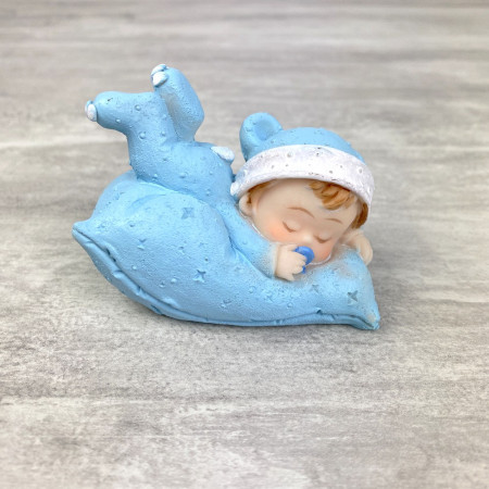 Bébé garçon sur Coussin bleu, dim. 7,6 x 6 cm, figurine en Résine pour Babyshower, baptême
