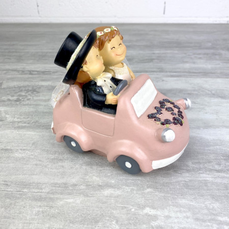 Couple de mariés en résine, cabriolet rose, longueur 13 cm, tirelire voiture mariage Romantique style BD