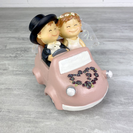 Couple de mariés en résine, cabriolet rose, longueur 13 cm, tirelire voiture mariage Romantique style BD