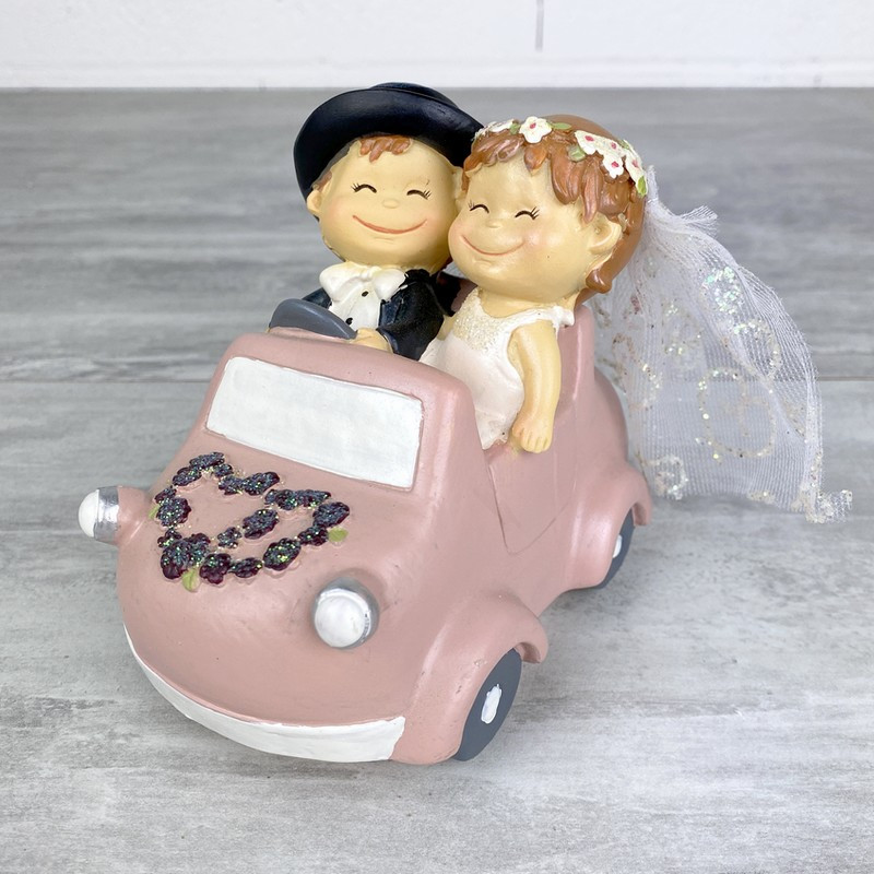 Couple de mariés en résine, cabriolet rose, longueur 13 cm, tirelire voiture mariage Romantique style BD