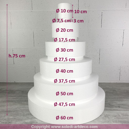 Pièce montée Wedding Cake, Hauteur 75 cm, Base Ø 60cm à 10cm, 6 étages en Polystyrène
