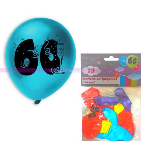 Gros lot 30 Ballons Anniversaire 60 ans, Diam. 28 cm, Coloris métalliques aléatoires 