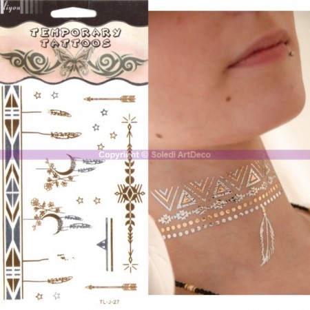 Tattoo métal Bracelet Lune et plumes doré et argent, Planche: 15,5 x 9,5 cm
