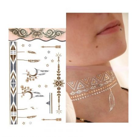 Tatouage éphémère métal Bracelet Lune et plumes doré et argent, Planche Tattoo: 15,5 x 9,5 cm