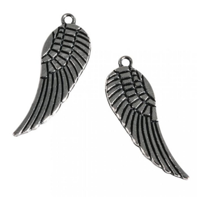 Lot de 2 Pendentifs en métal Argenté, Ailes, long. 28mm, oeillet ø1mm, sans nickel