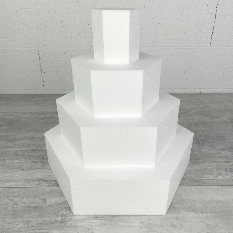 Pièce montée Hexagonale en polystyrène, Base 40 cm à 10 cm, 4 socles de 10cm de haut, Total 40 cm