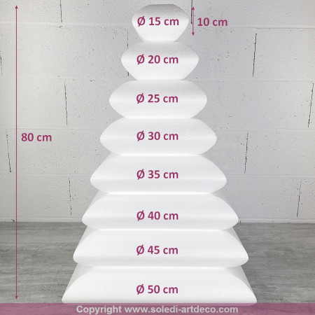 Pièce montée Coussin en Polystyrène, hauteur 80 cm, 8 étages, base 50 cm à 15 cm, Wedding Cake