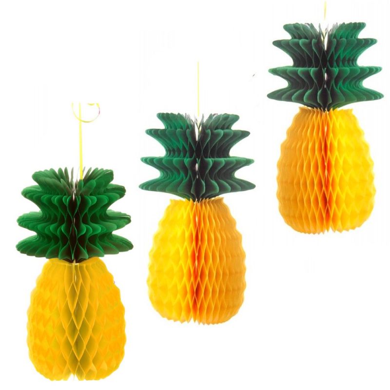 3 gelbe und grüne Wabenpapierananas, Höhe 31 cm, sommerliche und exotische Dekoration