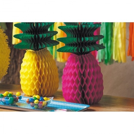 Petit Ananas Alvéolé jaune et vert, h.20 cm, décoration estivale et exotique