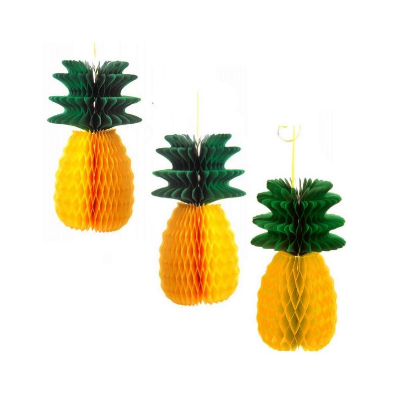 3 petits Ananas en papier de soie Alvéolé jaune et vert, hauteur 20 cm, décoration estivale et exotique